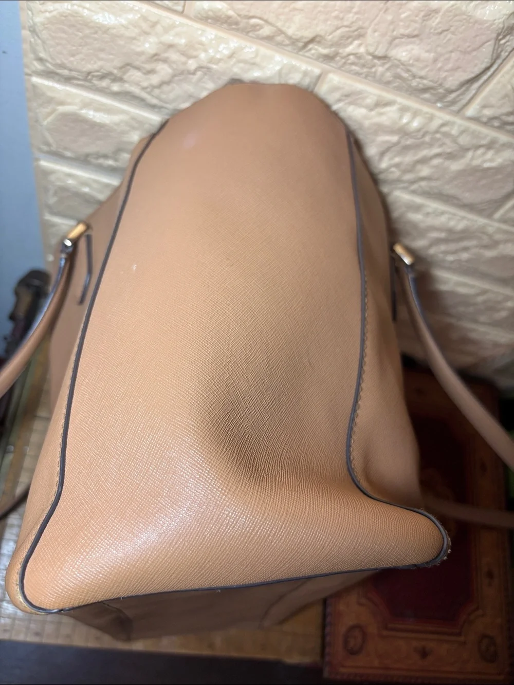 Tory Burch Tan Saffiano Leather Tote with Gold Logo 14.5”x11”x5.5”